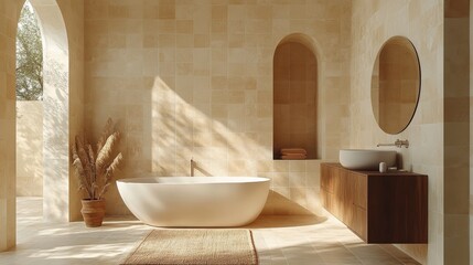 A modern bathroom with a freestanding bathtub, wooden vanity, and large windows. The room is decorated in a minimalist style with neutral colors and natural materials.