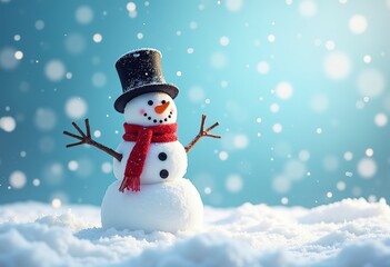 Fototapeta premium A snowman with a scarf and hat standing in the snow against a blue sky with falling snowflakes
