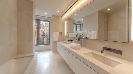 A modern bathroom with a large window, a bathtub, and a double sink. The bathroom is decorated in a minimalist style with white walls and a white countertop.