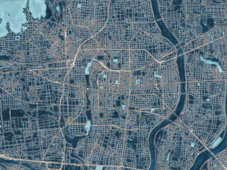 Painterly Style City Map of Ogaki, Japan in a Blue Color Scheme.