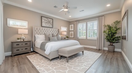 Fototapeta premium A modern bedroom with a large bed, a rug, a plant, and a window with white shutters.