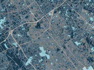 Painterly Style City Map of Okegawa, Japan in a Blue Color Scheme.