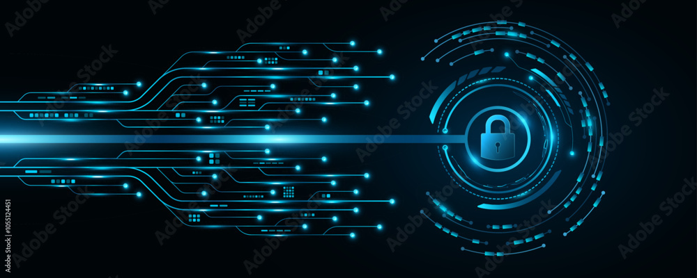 Poster Tech background for unlocking UI system. Lock scan with digital HUD circle and AI circuit board. Data security. Touch screen button for user interface. Vector illustration. EPS 10