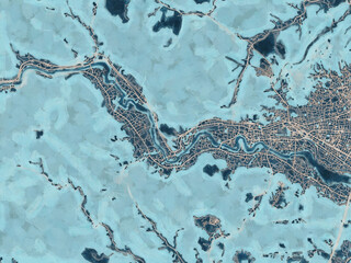 Painterly Style City Map of Ome, Japan in a Blue Color Scheme.