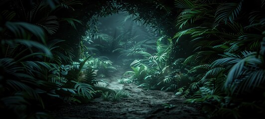 A serene forest path surrounded by lush green foliage and tropical plants, illuminated by soft light filtering through the leaves.