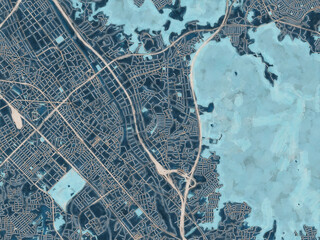 Painterly Style City Map of Onojo, Japan in a Blue Color Scheme.