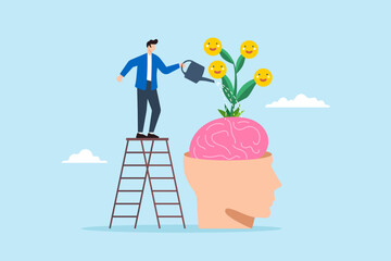 Flat illustration of man watering brain on ladder with smiling face emoji seedling plant mental wellbeing reduce anxiety increasing positive emotion feeling