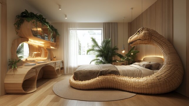 A modern bedroom with a unique wooden snake bed frame, a large window, a wooden dresser, and plants.
