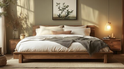A modern bedroom with a wooden bed, natural light, and a neutral color palette.