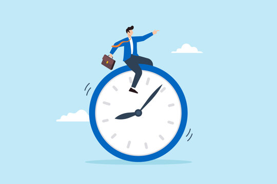 Flat illustration of businessman ride clock time management foresight in managing project deadline opportunity timer countdown progress