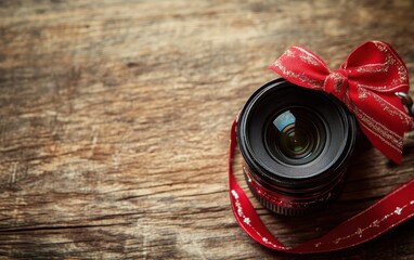 Photography Holiday: A vintage camera lens with a festive bow, plenty of room for text 