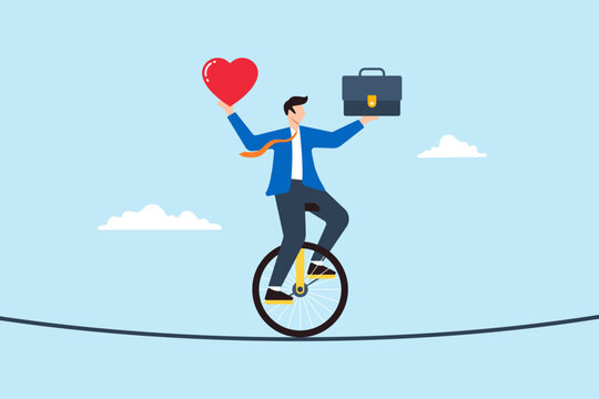 Flat illustration of businessman riding unicycle and balancing heart briefcase on tightrope work life balance managing stress
