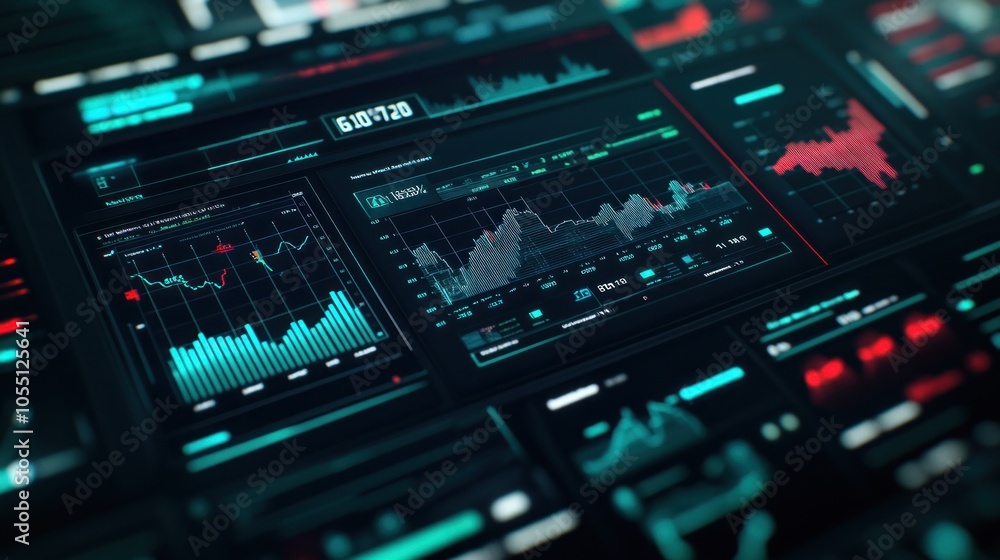 Poster close-up of a futuristic digital interface with a variety of graphs and charts, depicting financial 