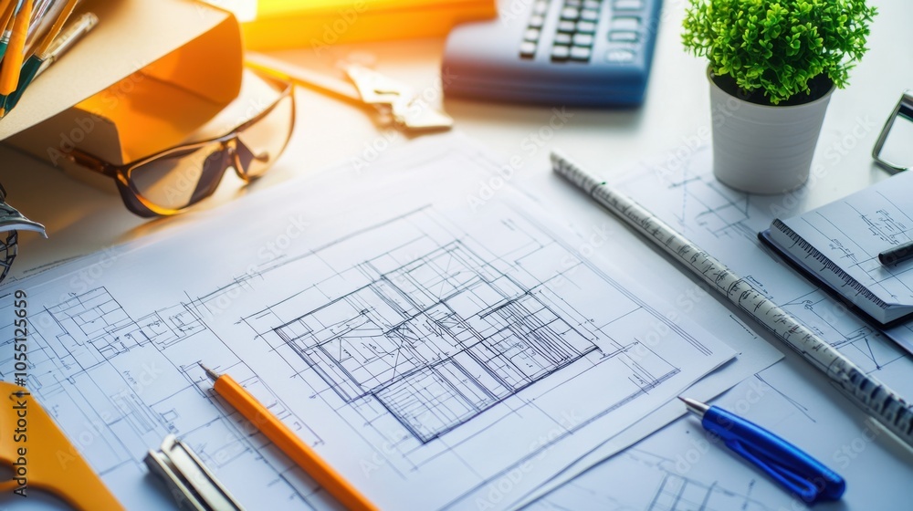 Poster blueprint and tools on a desk for architectural design work.