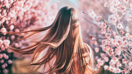 Beautiful young woman with long curly blonde hair from behind holding blooming branch of sakura tree