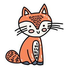 Cute children's mascot design in the form of a fox. A fox with an expression of happiness.
