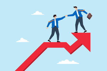 Flat illustration of business mentor help coworker climb growth arrow chart offering guidance leadership and career advice for improve success