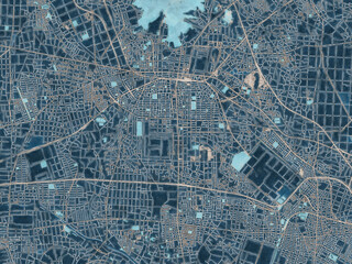 Painterly Style City Map of Ota, Japan in a Blue Color Scheme.