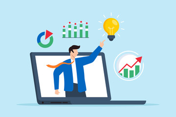Flat illustration of smart businessman on laptop give advice strategy to analysis graph advisor online presentation