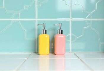 Two soap dispensers, one yellow labeled Shampoo and one pink labeled Liquid Soap, on a tiled bathroom counter against a light blue wall