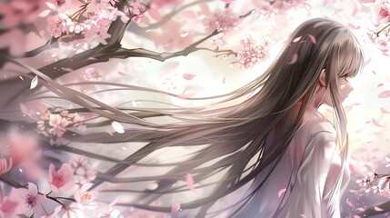 Beautiful young woman with long curly blonde hair from behind holding blooming branch of sakura tree