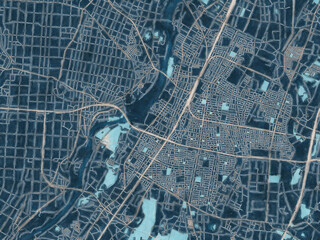 Painterly Style City Map of Oyama, Japan in a Blue Color Scheme.