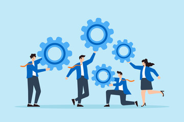 Flat illustration of business people hold cogwheel teamwork collaboration build successful organization work together to help success mission cooperation or community