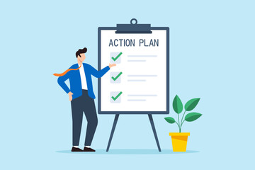 Flat illustration of businessman present action plan with checklist step on whiteboard to complete work and finish project procedure