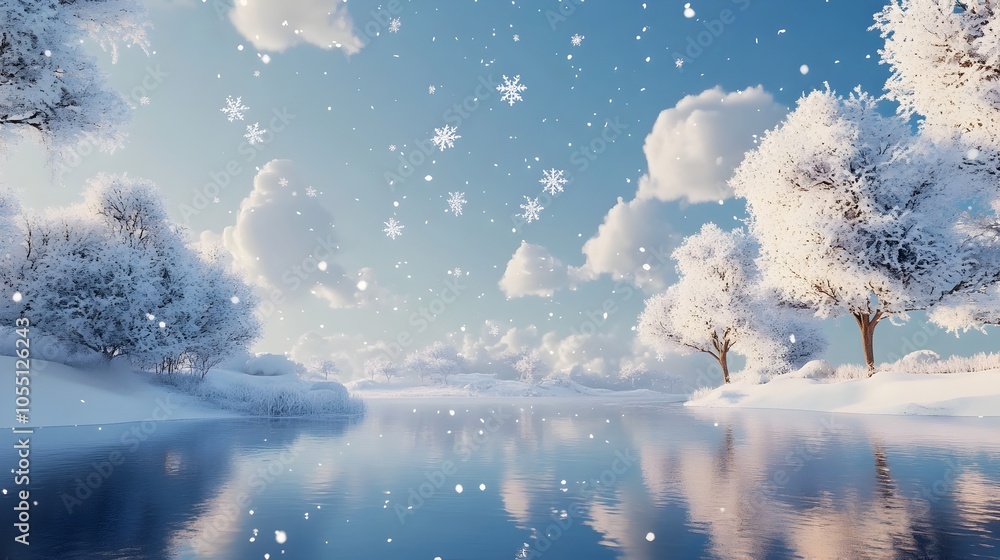 Poster serene and tranquil 3d scene of a snowy landscape with frosty trees a calm frozen lake and floating 