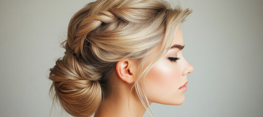 Beautiful blonde woman showing her elegant hairstyle for wedding day