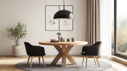 A modern dining room with a wooden table and chairs, a black pendant light, and a window with a view of trees.