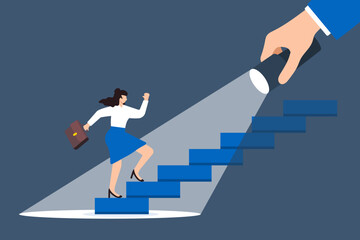 Flat illustration of businesswoman step up staircase illuminated by flashlight career guidance spotlight to success discover talent job candidate