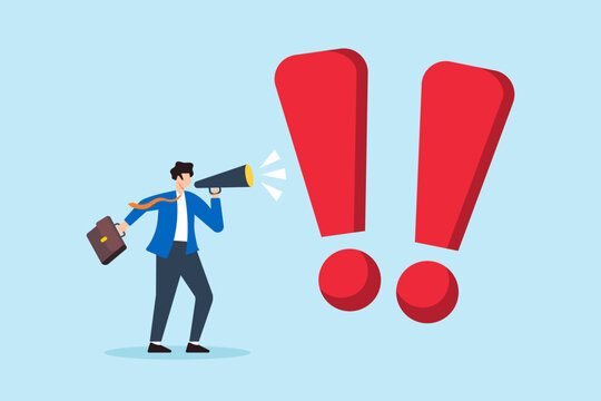 Flat illustration of businessman shout on megaphone with big exclamation mark warning of danger important message emergency loudspeaker attention safety urgency scream