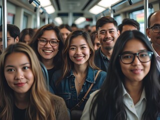 Fototapeta premium Diverse group of people on a public transport system, with happy expressions and smiling as they travel to their destinations.