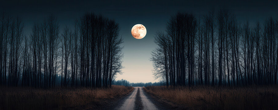 moonlit path in forest leads to nowhere, surrounded by tall trees and serene atmosphere. full moon casts mystical glow, creating enchanting scene