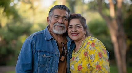 Fototapeta premium Heartwarming scene of an elderly couple enjoying a sunny day, embracing love and happiness, cherishing joyful moments together in a peaceful park setting