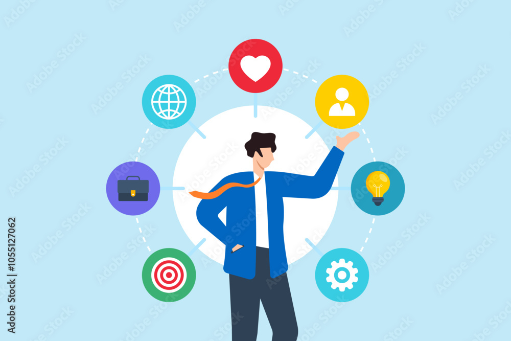 Poster flat illustration of confident businessman surrounded elements of soft skill networking problem solv