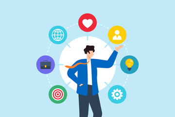 Flat illustration of confident businessman surrounded elements of soft skill networking problem solving management of creativity for success