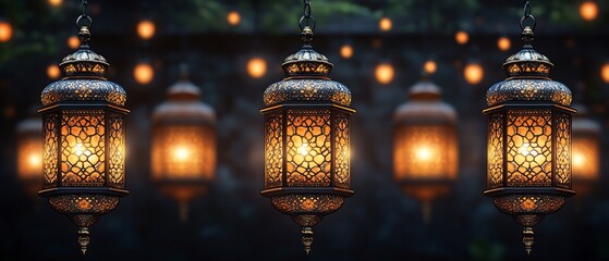 A collection of ornate lanterns glowing warmly against a dark background.