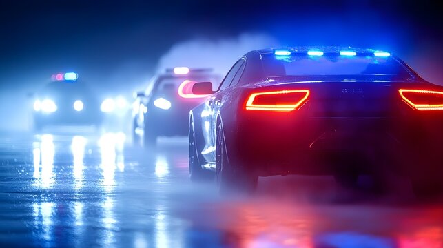 Dramatic night chase, police cars tail a speeding car in thick fog, eerie atmosphere, emergency lights barely cutting through the dense mist