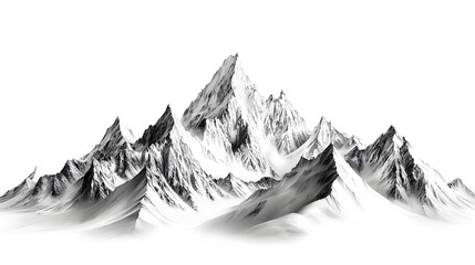 Towering mountain peaks with sharp edges, pencil sketch with detailed shading, black and white, graphic, focused on the textures of the rock, set against white space