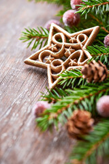 Christmas decoration on rustic wooden background. Close up.