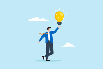 Flat illustration of businessman hold bright lightbulb creativity finding inspiration solution expert solving problem leader giving advise professional help eureka moment