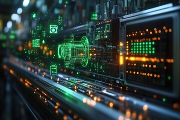 Fototapeta premium Futuristic factory production line with digital overlay of a motor.