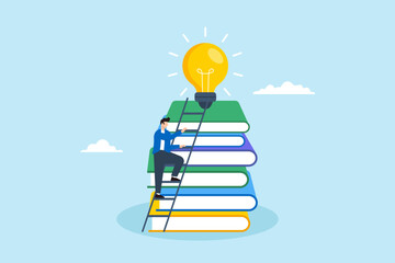 Flat illustration of man climb ladder on stack of book to find creative lightbulb creativity knowledge education to develop skill inspiration to get solution © VZ_Art
