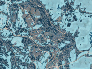 Painterly Style City Map of Sandacho, Japan in a Blue Color Scheme.