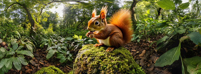 Red squirrel sitting on a mossy rock, eating in a forest.