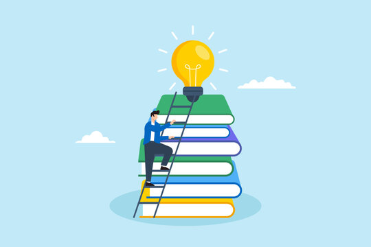 Flat illustration of man climb ladder on stack of book to find creative lightbulb creativity knowledge education to develop skill inspiration to get solution