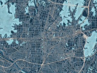 Painterly Style City Map of Sano, Japan in a Blue Color Scheme.