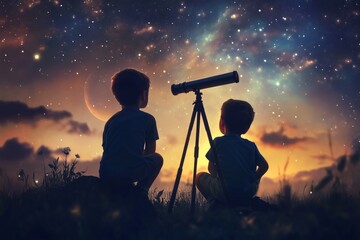 Two siblings under the starry sky as a young boy peers through a telescope, digital art illustration painting